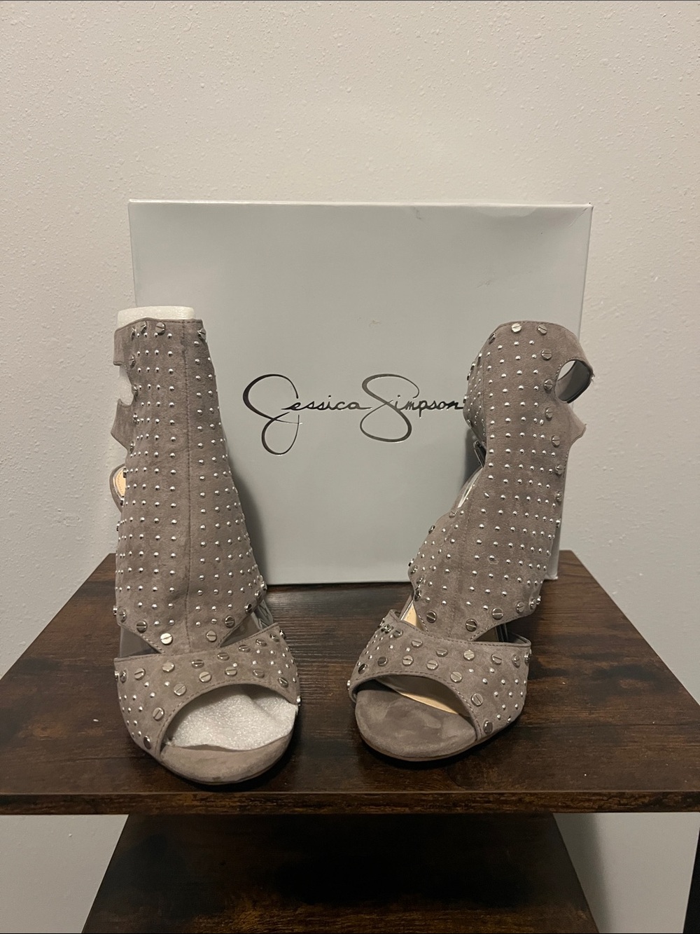 Jessica Simpson Taupe Studded Suede Open-Toe Heels